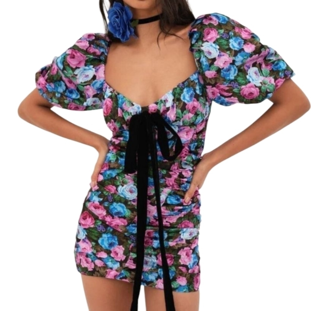 For Love And Lemons Marley Puff Sleeve Mini Dress Midnight Rose NWT Size Small